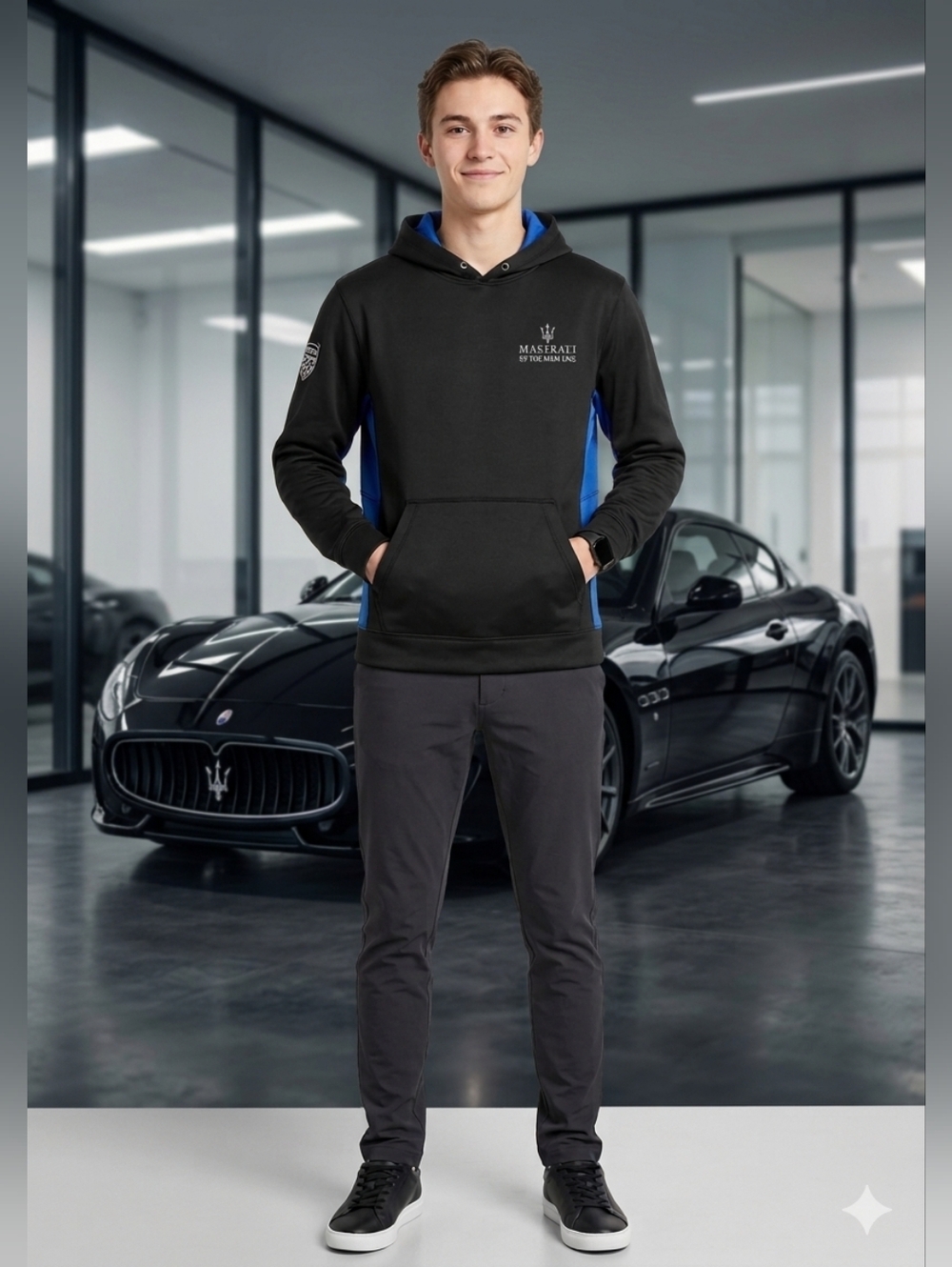 Maserati of the Main Line Sport-Tek Black/ Blue Accent Performance Hoodie Size S